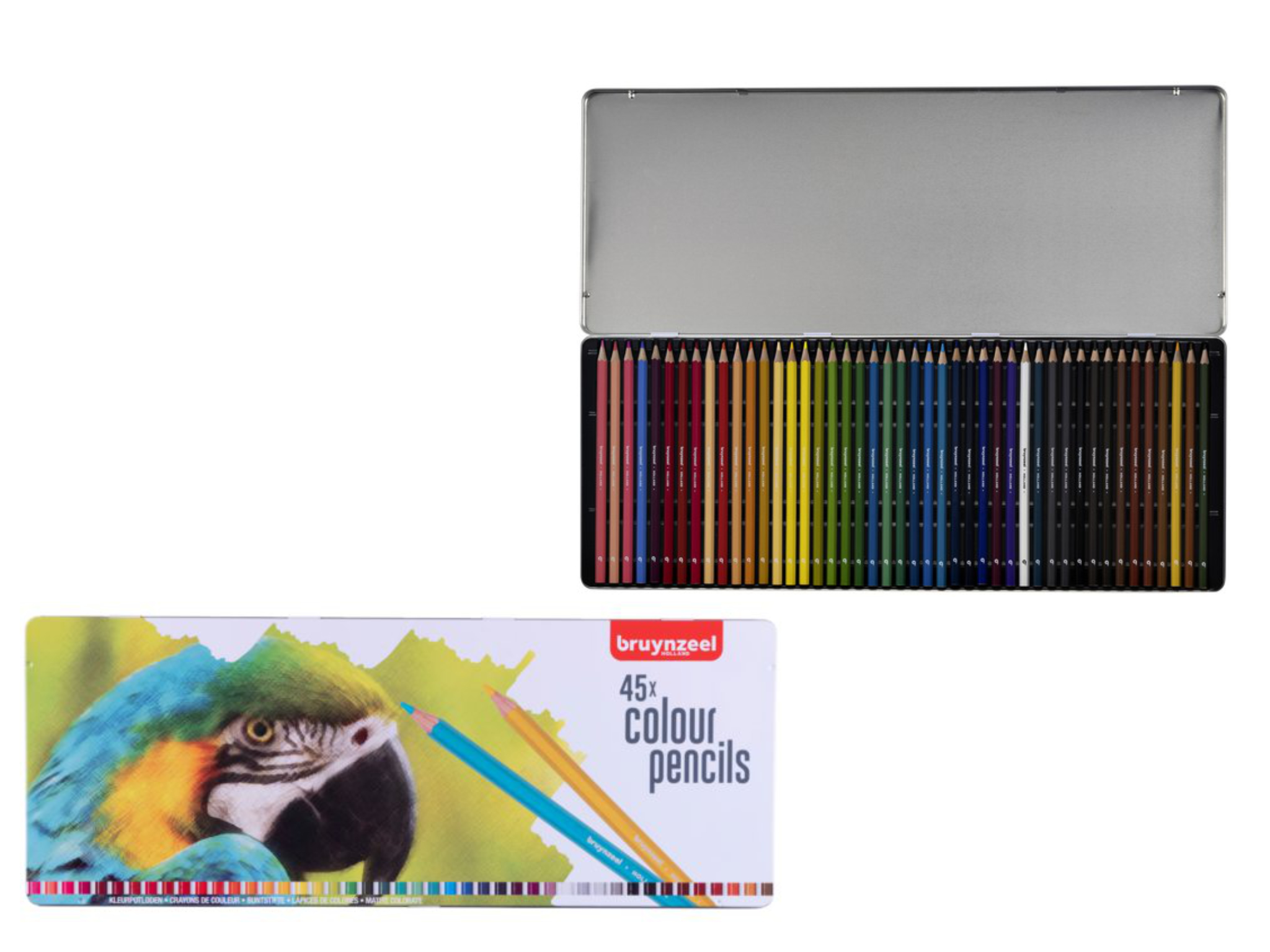 45 kleurpotloden in blik papegaai