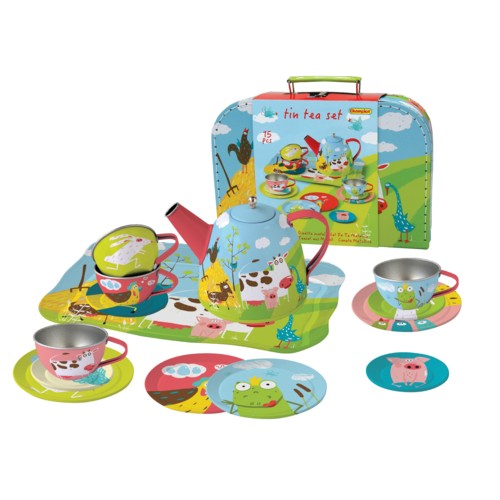 Tinnen theeset in koffer boerderij